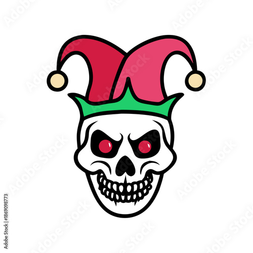 Creepy clown skull with sinister eyes wearing jester hat for Halloween design