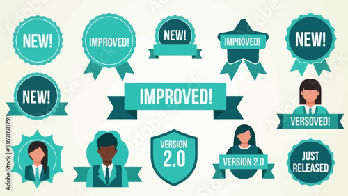 Collection of graphic elements representing new and improved versions with people icons