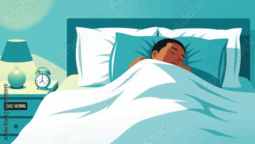 A person sleeping peacefully in bed with a serene expression surrounded by calm environment and soft lighting