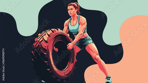 Strong female athlete flipping heavy tire for cross training fitness vector