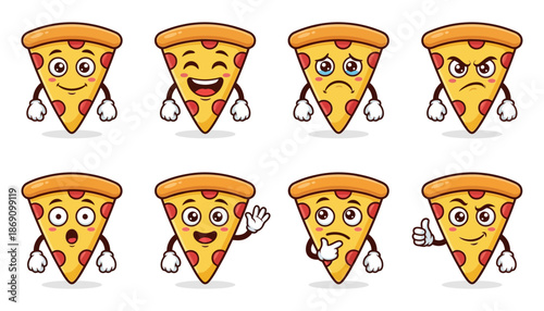 A collection of eight cartoon pizza slices displaying a variety of human emotions and gestures each with unique facial expressions and poses 172 happy sad angry surprised