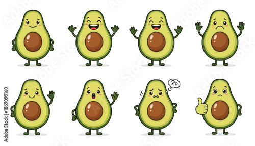 A collection of eight cartoon avocados each displaying a different facial expression and posing with arms and legs kawaii cute character food fruit healthy emotion happy sad