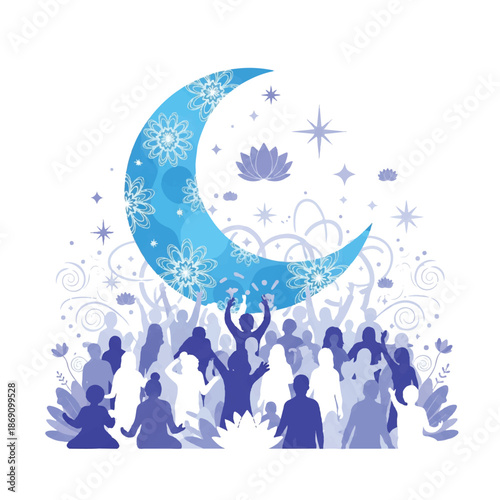 People Meditating Under Crescent Moon Symbol.