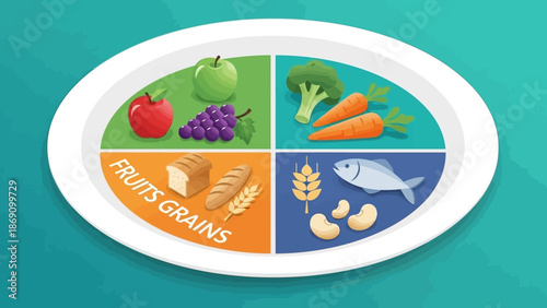 A healthy meal illustration on a plate divided into sections for various food groups including fruits, vegetables, grains, and proteins