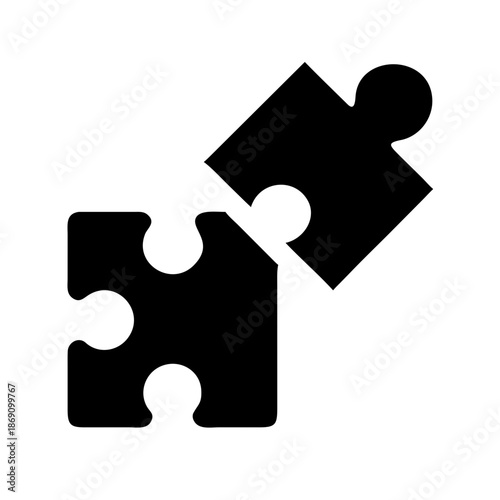 Black and white icon of two puzzle pieces connecting for problem-solving, collaboration, or integration