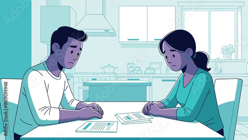 Couple reviewing documents together at a kitchen table in a modern home interior