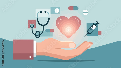 A hand holding a glowing heart surrounded by medical icons and symbols in a serene environment
