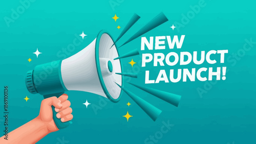 Hand holding a megaphone announcing new product launch with vibrant teal background and sparkling stars