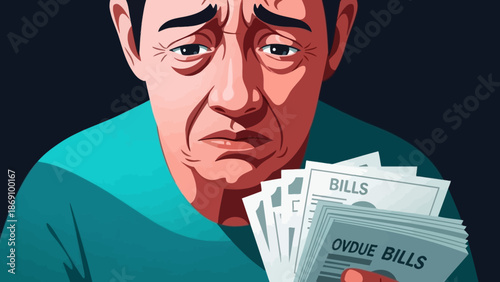 A worried man holding a stack of overdue bills in his hand, concerned about financial obligations