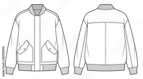 Modern Streetwear Blouson Jacket Technical Fashion Illustration. Oversized Unisex Jacket with Dropped Shoulders, Storm Flap, and Patch Pockets. Relaxed Silhouette. Front and Back Views. CAD Mockup set