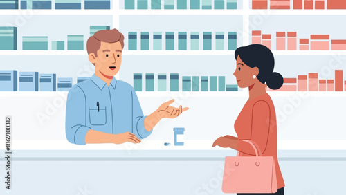 A man assisting a woman at a store counter with shelves of products in the background
