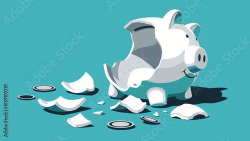 A broken piggy bank shattered into pieces on a solid turquoise background