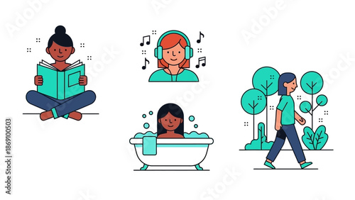 A serene illustration of people relaxing in various settings, showcasing tranquility and leisure activities