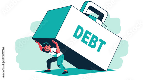 Man struggling to carry a large debt box