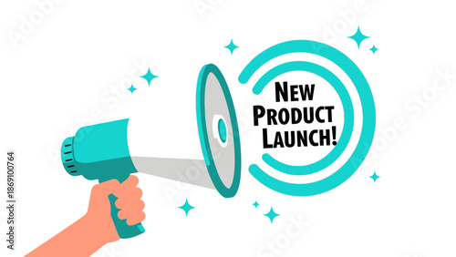 Hand holding megaphone announcing new product launch with excitement and celebration