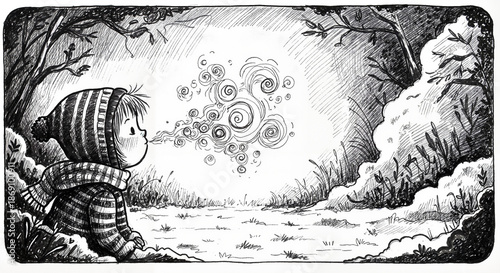 Child exhaling breath in cold winter landscape with swirls  