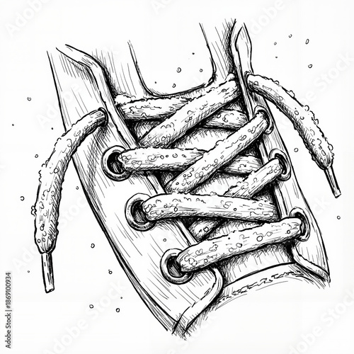 Close-up of snowy shoelaces on a shoe with sketch style  