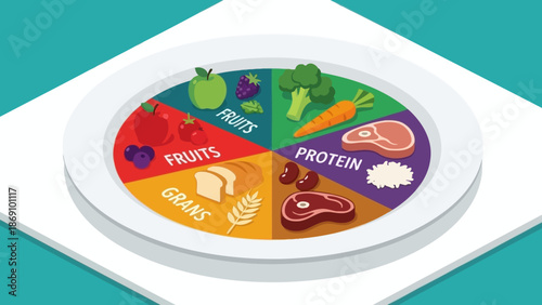 A vibrant illustration of a balanced diet on a white plate divided into sections for grains, fruits, vegetables, and protein
