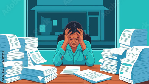 A stressed woman sitting at a desk surrounded by piles of paperwork and documents in an office environment