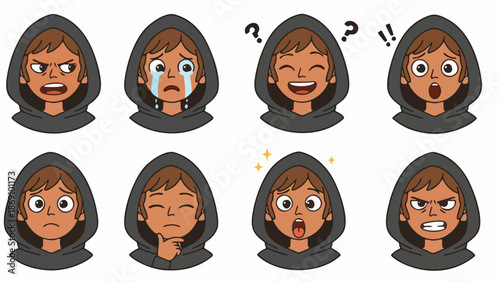 Vector illustration set of funny cartoon people faces and eyes featuring a diverse character avatar design with various hair styles and facial emotions from a happy smile to a sad expression