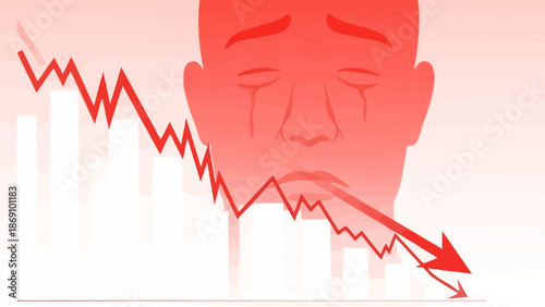 Man experiencing financial loss with downward trend graph and red arrow