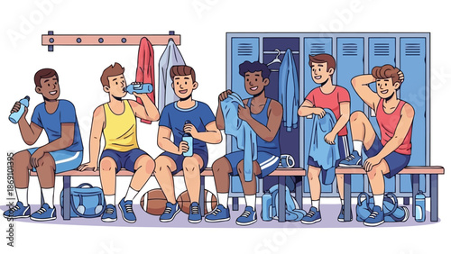 Group of male athletes resting in sports locker room vector illustration