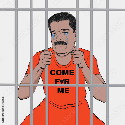 Man crying behind bars, prisoner's uniform.