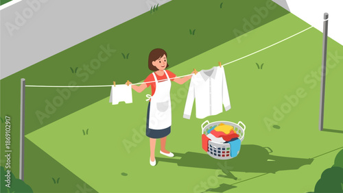A cheerful woman performs the household chore of hanging freshly washed clothes on a clothesline in her sunny backyard, depicted in a clean and modern flat design.