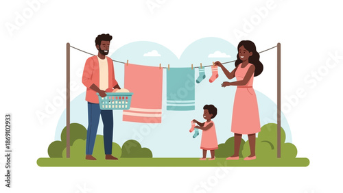 This flat design illustration portrays a joyful family sharing household responsibilities, specifically washing and drying clothes together in their sunny garden.