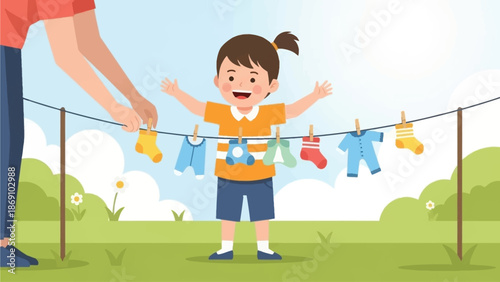 A heartwarming flat design illustration showcasing a child's participation in household chores, specifically helping to hang laundry outdoors.