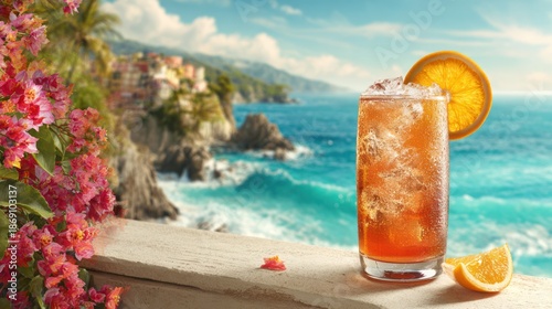 A chilled, garnished beverage on a terrace overlooking a vibrant coastal scene