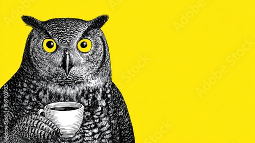 A grayscale owl with bright yellow eyes sips coffee against a vibrant yellow background