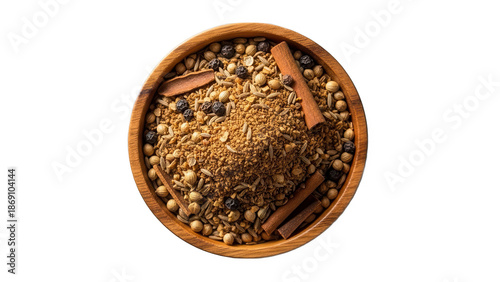 Aromatic garam masala spice blend in a wooden bowl for cooking isolated on transparent background