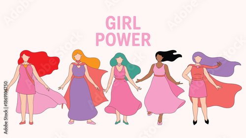 Five diverse women characters wearing colorful capes stand together with GIRL POWER in bold text