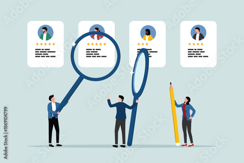 The recruitment process to select candidates who fit the job position, fill vacancies, HR (Human Resources) HR concept, businesspeople use a magnifying glass to select candidate resumes.