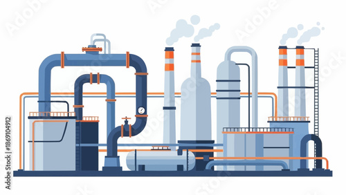 Industrial factory with pipes and smokestacks emitting smoke.