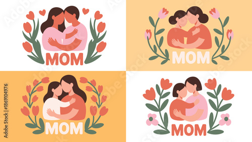 Four colorful variations of a mother and child hugging within a vibrant floral wreath design for Mom