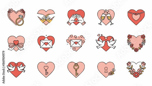 Collection of heart icons representing love and romance.