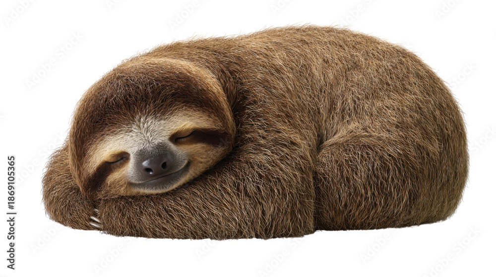 Fototapeta premium Sloth sleeping peacefully, curled up with happy closed eyes, brown fur, isolated on transparent background