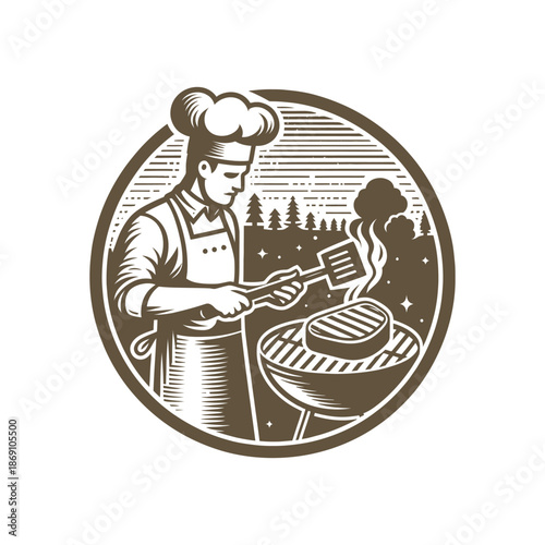 Chef Cooking Steak on Pan Vintage Woodcut Style Logo Vector