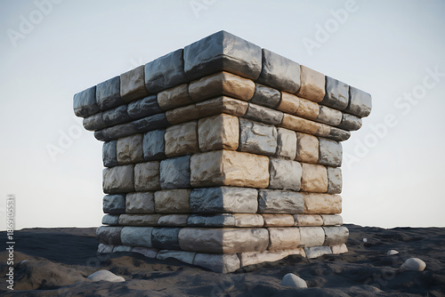 Stone structure on sandy terrain with clear sky rocks