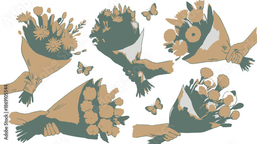 Hands present multiple bouquets of stylized flowers wrapped in paper with delicate butterflies fluttering nearby