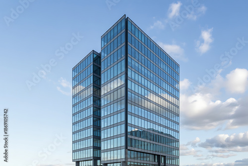 Tall glass office building against blue sky clouds