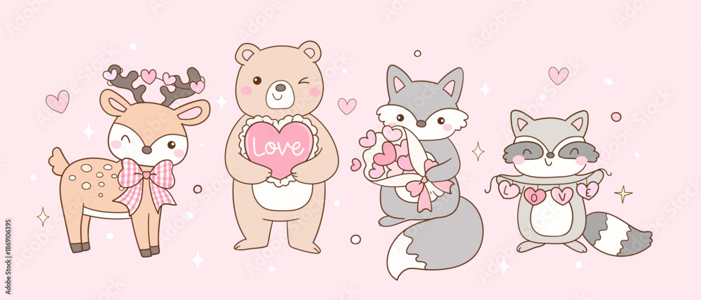 Fototapeta premium Draw vector cute woodland animal in love Happy forest Valentines day Doodle cartoon illustration