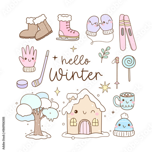Foto Draw vector cute wnter things snow days season Classroom decore Doodle cartoon i