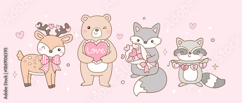Draw vector cute woodland animal in love Happy forest Valentines day Doodle cartoon illustration
