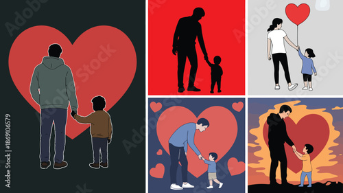 Illustrations showcasing diverse fathers and children holding hands or standing together with heart symbols