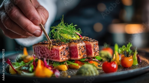 Chef delicately placing garnish on seared tuna steak, plated with vibrant vegetables