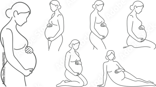 Minimalist outline drawings illustrate different stages and postures of a pregnant womans body