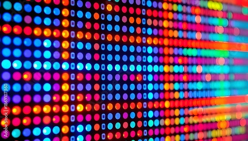 Close up abstract texture of a vibrant led screen displaying a dynamic spectrum of colorful lights in a grid pattern with bokeh blur effect creating a futuristic digital